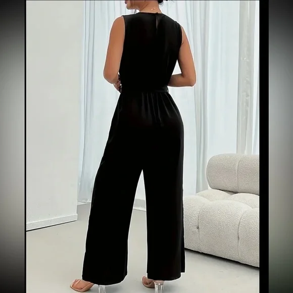 Belted Jumpsuit - Chic Sleeveless, Wide Leg Design - Picture 2 of 2